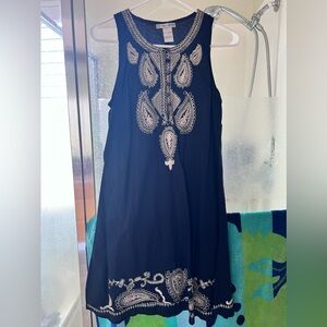 Cute Options blue & tan sleeveless shift embroidered dress size small